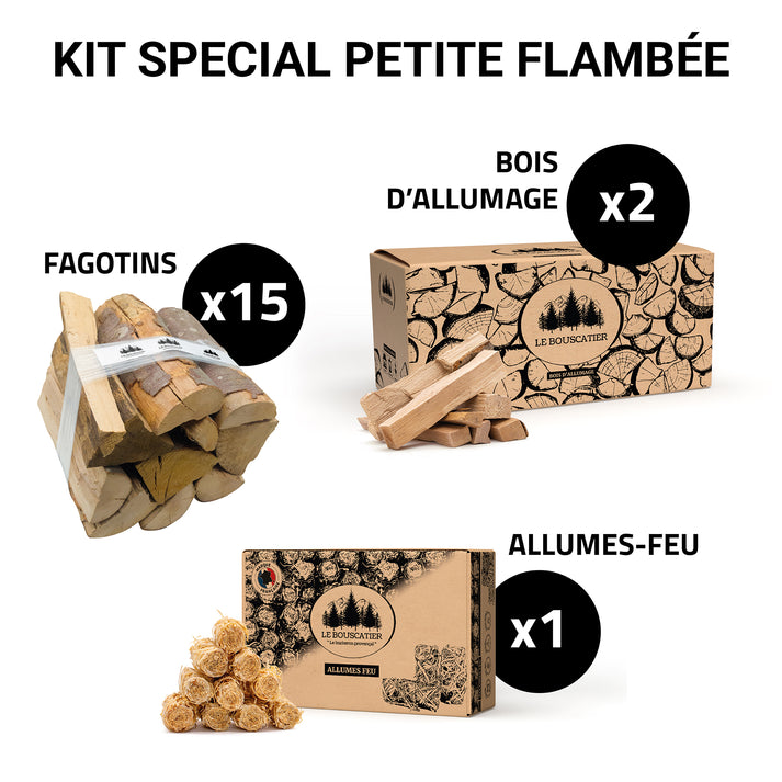 KIT_SPECIAL_PETITE_FLAMBEE.jpg KIT MA FLAMBÉ PLAISIR - 15x fagotins 25L bois de chauffage extra sec + 12kg bois d'allumage + 2kg alume-feu – Image 1